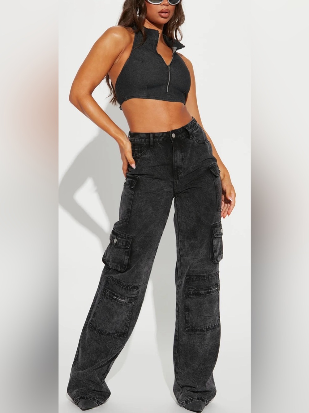 Fashion Nova Washed Black Wide-Leg Cargo Jeans